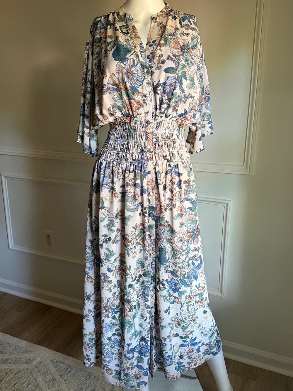 Bohme Floral Midi Dress Smocked Waist Cottagecore Prairie Boho Feminine Small